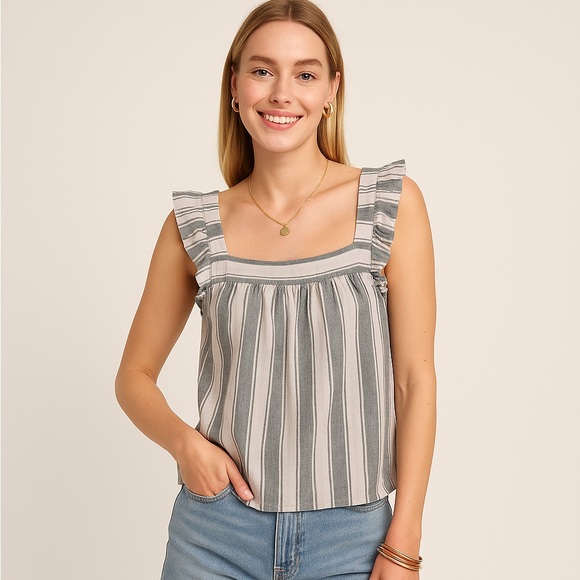 LOFT Tops - LOFT Grey Cream Linen Blend Ruffle Shoulder Tank Top. Cottagecore Feminine -‎ M